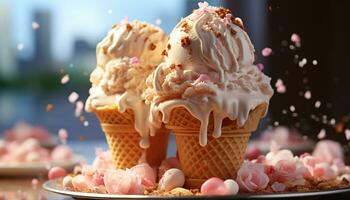 AI generated Indulgent gourmet dessert homemade strawberry ice cream on waffle generated by AI photo