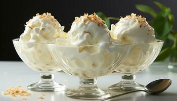 ai generado gastrónomo postre Fresco fruta, azotado crema, y indulgente chocolate generado por ai foto