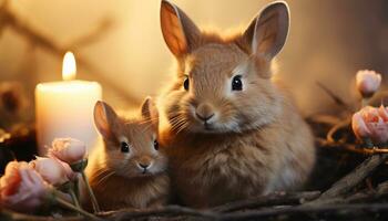 AI generated Cute baby rabbit sitting in meadow, symbol of love generated by AI photo