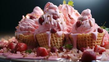 AI generated Freshness and sweetness on a plate homemade berry ice cream generated by AI photo