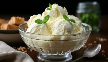 AI generated Freshness and sweetness in a homemade ice cream sundae generated by AI photo