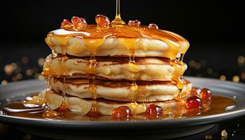 AI generated Stack of homemade pancakes with syrup, berries, and chocolate generated by AI photo