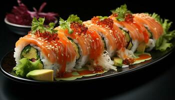 AI generated Freshness on plate seafood, sushi, avocado, cucumber, ginger, nori generated by AI photo