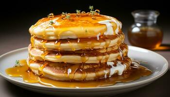 AI generated Stack of homemade pancakes with syrup and fresh berries generated by AI photo
