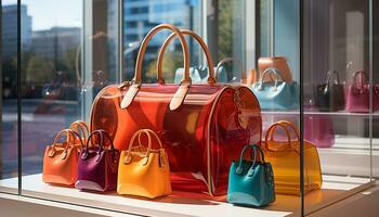 AI generated Fashion boutique store showcases modern collection of vibrant colored purses generated by AI photo