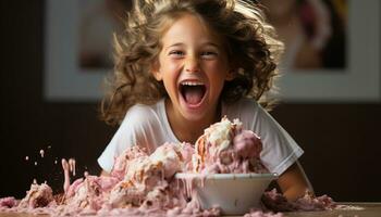 ai generado sonriente caucásico niña cocinando, disfrutando alimento, mirando a cámara generado por ai foto