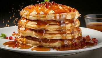 AI generated Freshly cooked pancakes stacked high with syrup and fruit generated by AI photo