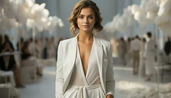 AI generated Confident businesswoman in elegant suit, smiling, looking at camera generated by AI photo