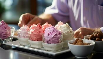 ai generado un hombre mano participación un hecho en casa hielo crema postre generado por ai foto