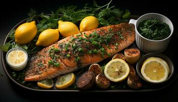 AI generated Grilled salmon fillet with lemon, parsley, and healthy vegetables generated by AI photo