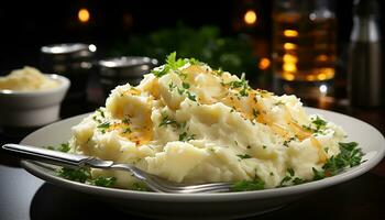AI generated Freshly cooked mashed potatoes with butter and parsley on plate generated by AI photo