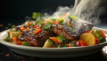 AI generated Grilled steak, tomato salad, and fresh vegetables on plate generated by AI photo