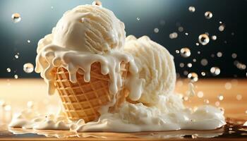 AI generated Homemade ice cream cone, a sweet summer indulgence generated by AI photo