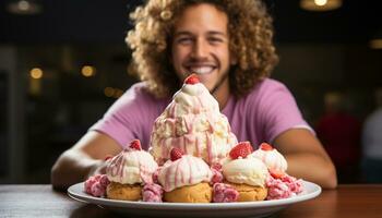 ai generado sonriente adulto sostiene hecho en casa postre, celebrando con dulce indulgencia generado por ai foto