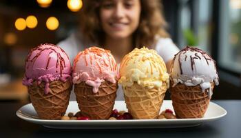 AI generated Caucasian woman enjoys refreshing ice cream cone on summer day generated by AI photo