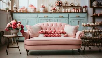 AI generated Comfortable modern living room with elegant pink decoration and wood flooring generated by AI photo