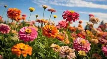 ai generado tarde verano zinnia campo resplandor - ai generado foto