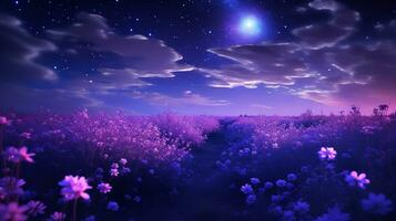 AI generated Moonlit Lavender Field and Starry Sky - AI Generated photo