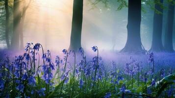 AI generated Misty Bluebell Wood at Dawn - AI Generated photo