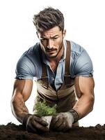 ai generado masculino jardinero tendiendo plantas, ai generado foto