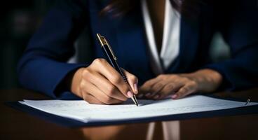 ai generado joven profesional mujer firma documento a mesa foto