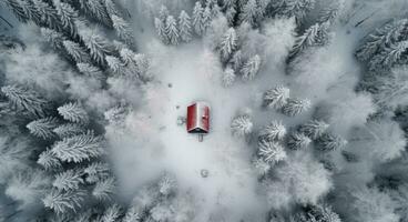 AI generated aerial shot of a small house in a winter forest with snow photo