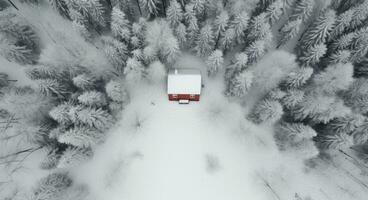 ai generado aéreo Disparo de un pequeño casa en un invierno bosque con nieve foto