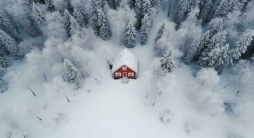 ai generado aéreo Disparo de un pequeño casa en un invierno bosque con nieve foto