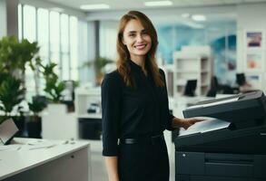 AI generated woman happy in office with printer photo