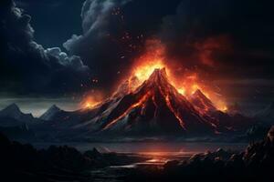 AI generated volcano dark background photo