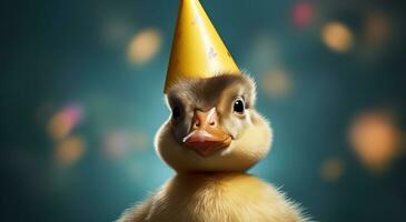 AI generated little duck wearing a party hat photo