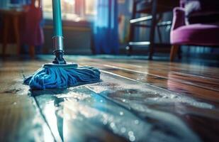 AI generated mopping floor with blue cloth photo