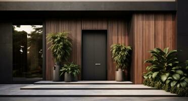 AI generated modern home with black door and plants in pots photo