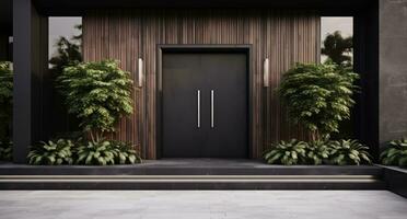 AI generated modern home with black door and plants in pots photo