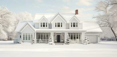 AI generated modern home on an idyllic winter white snowy day photo