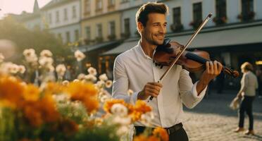 ai generado hombre jugando violín en pueblo con flores y otro personas foto