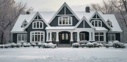 AI generated modern home on an idyllic winter white snowy day photo