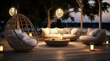 AI generated outdoor furniture in dusk with lighting photo