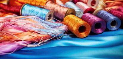 ai generado multicolor hilos es un mayor problema en el textil industria foto