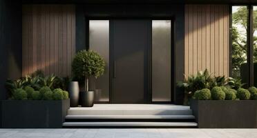 AI generated modern home with black door and plants in pots photo
