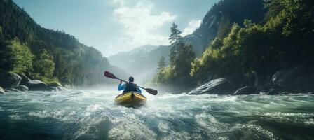 ai generado kayak kayakista en un rápido en bosque antecedentes con montaña paisaje foto