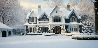 ai generado moderno hogar en un idílico invierno blanco Nevado día foto