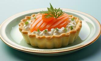 AI generated small tart with salmon and cream and dill photo