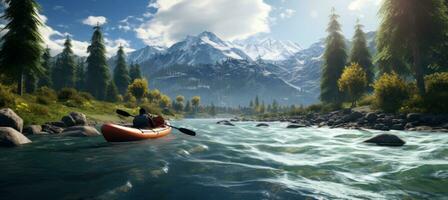 ai generado persona en kayac en agua en río rápidos foto