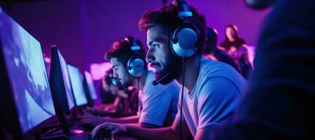 ai generado personas con auriculares en un en línea juego a un evento foto