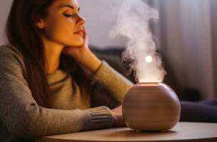 AI generated person is laying down next to an aroma oil diffuser photo