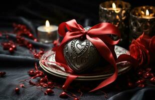 ai generado San Valentín día mesa decoración corazón cintas, cubiertos, chocolates foto