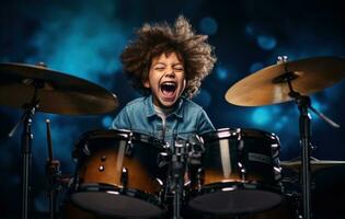 AI generated kids for drum beats music in the studio photo