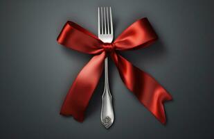 AI generated red ribbon that is tied around two forks and a spoon photo