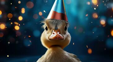 AI generated little duck wearing a party hat photo
